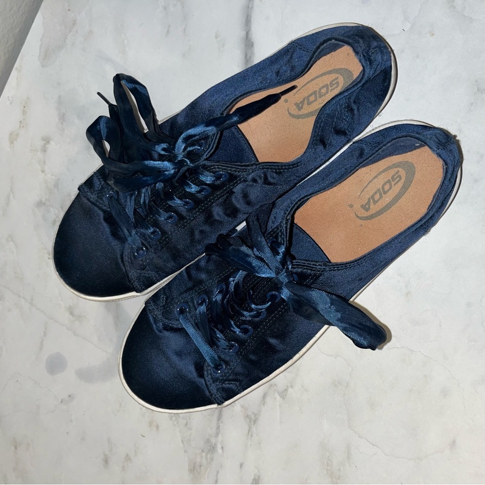 Blue satin tennis shoes